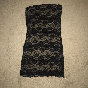 Nude Dress with Black Lace Overlay